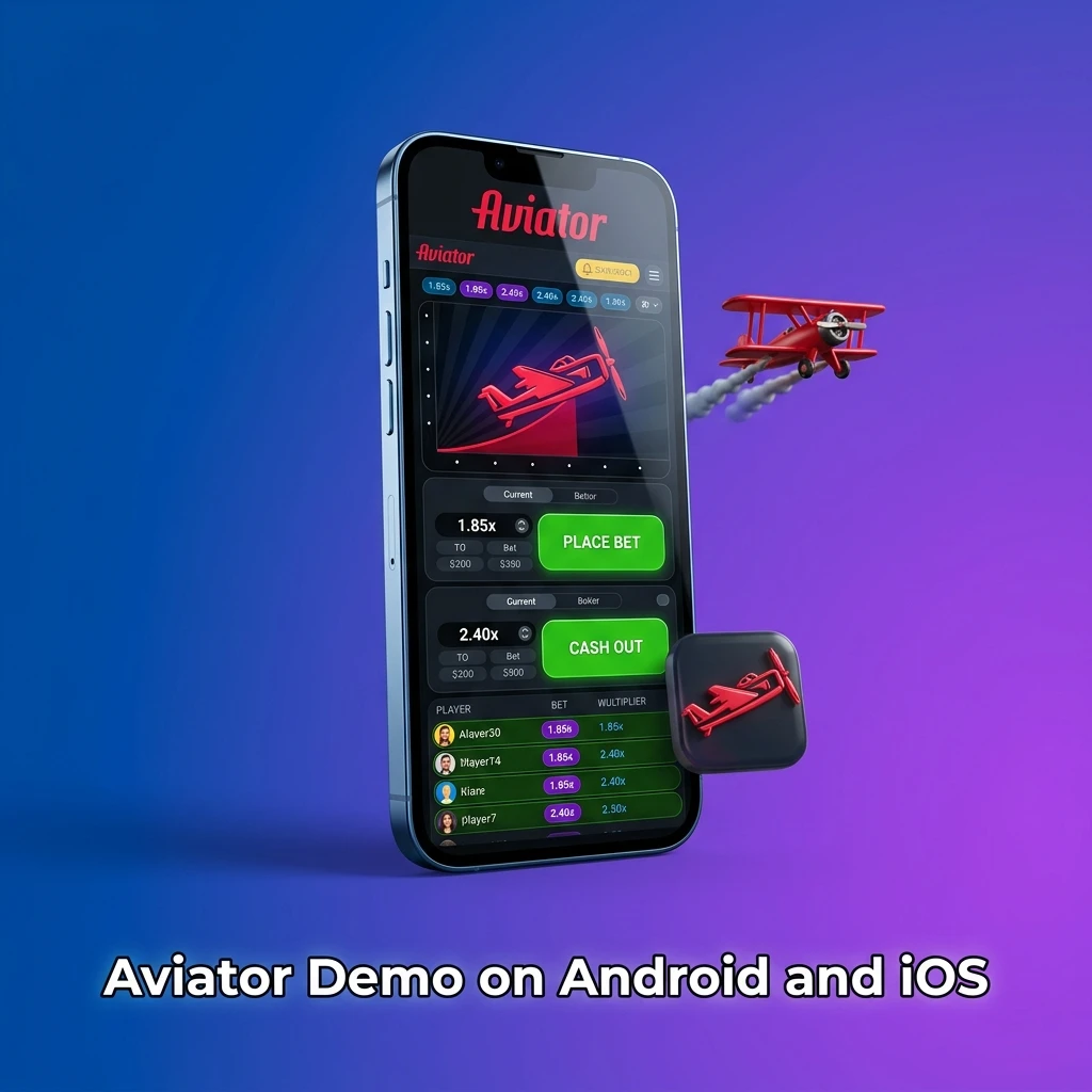 Aviator demo game running on Android and iOS mobile apps with crash game interface visible on screen