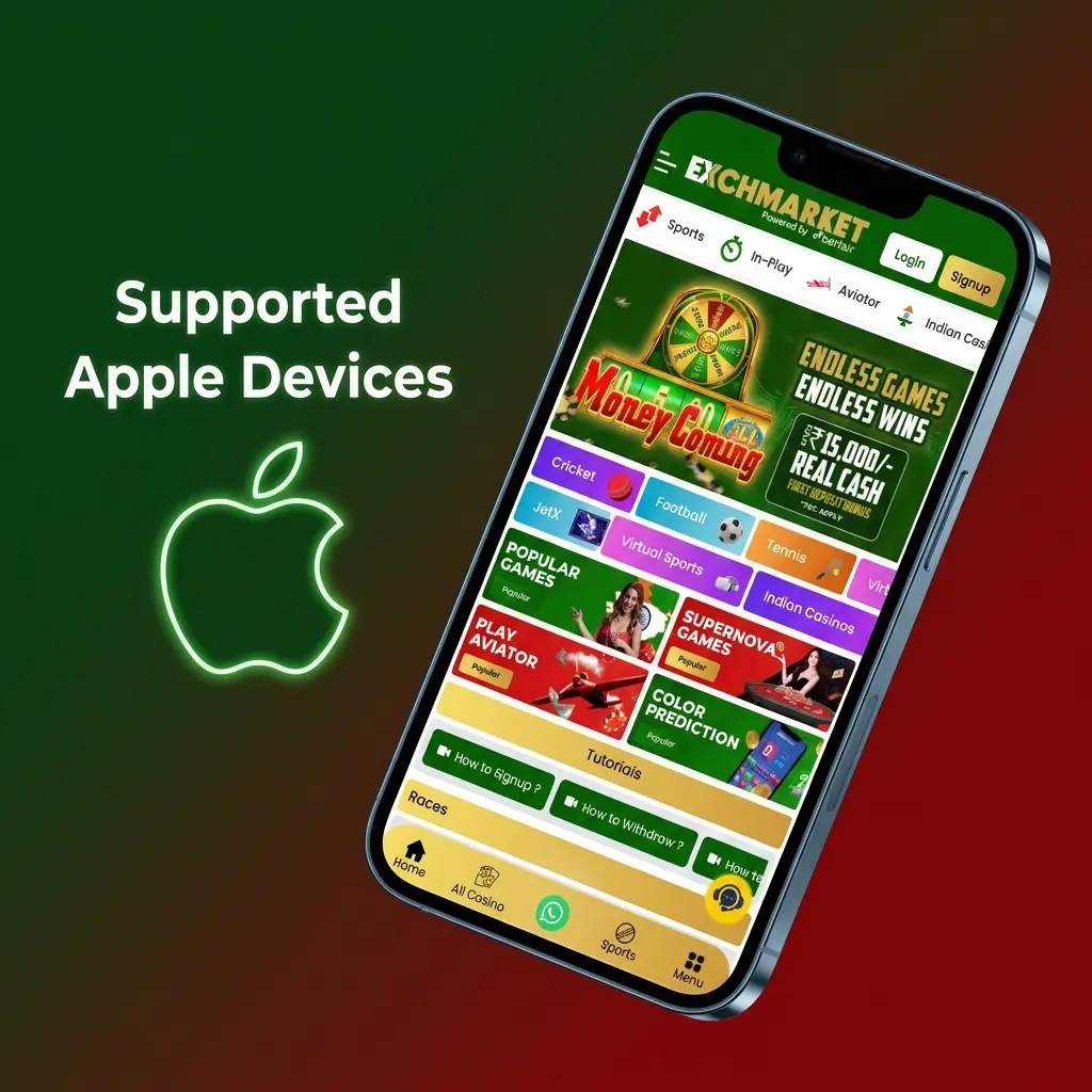 Table listing 10 Apple devices compatible with Exchmarket app on iOS 12 or later, including iPhones and iPads from 2020–2023.